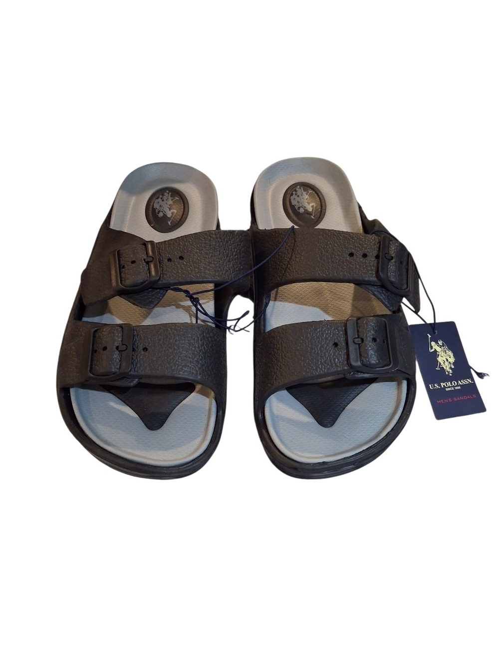 U.S. Polo Assn. Men’s Black Two-Buckle Slide Sandals with Gray Footbed